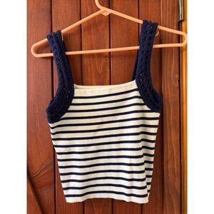 Aerie Striped Ribbed Tank Top Navy Blue White Crochet Straps Womens XS